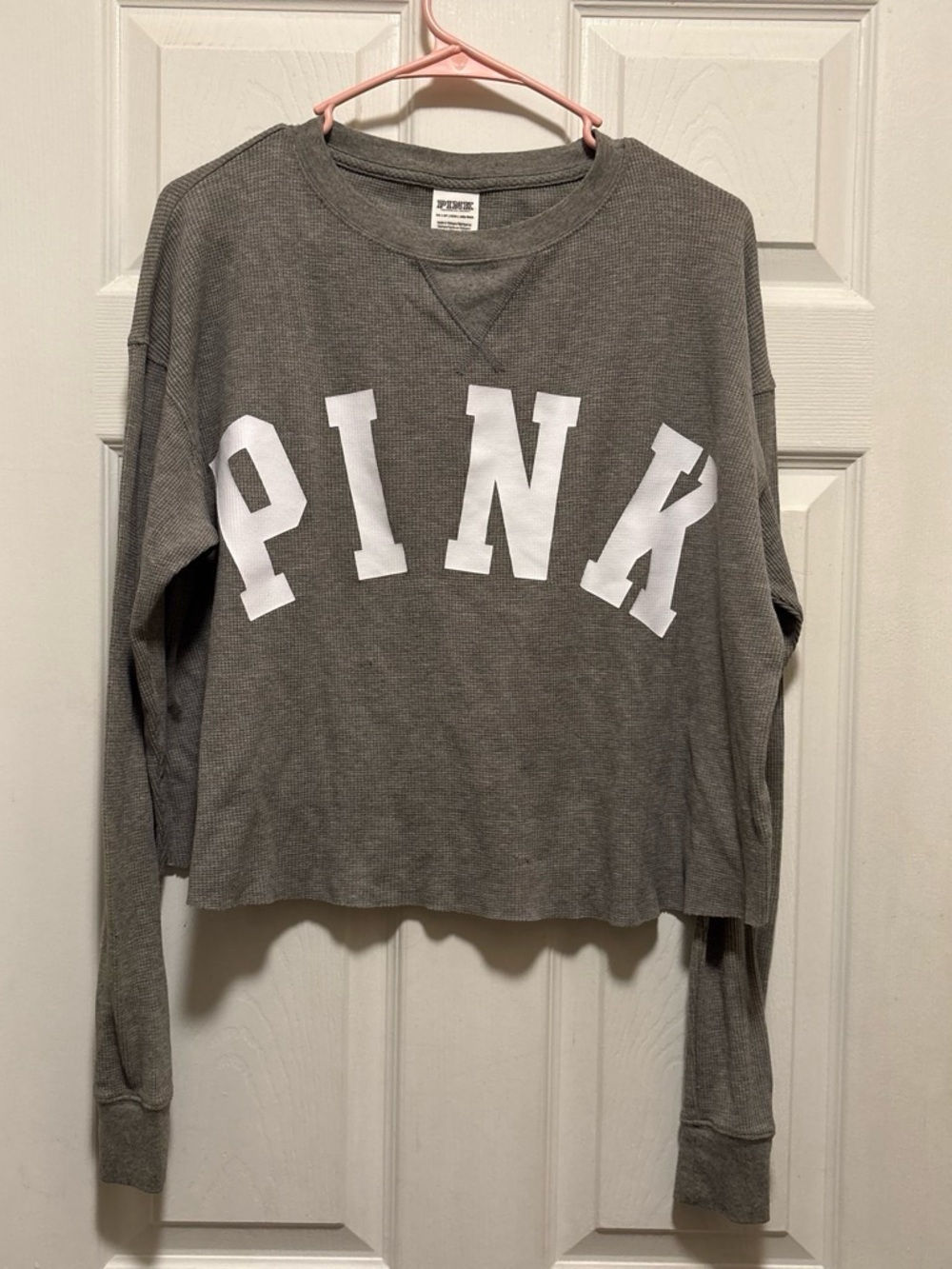PINK Victoria's Secret Charcoal Gray Waffle Cropped Sweatshirt with White Logo